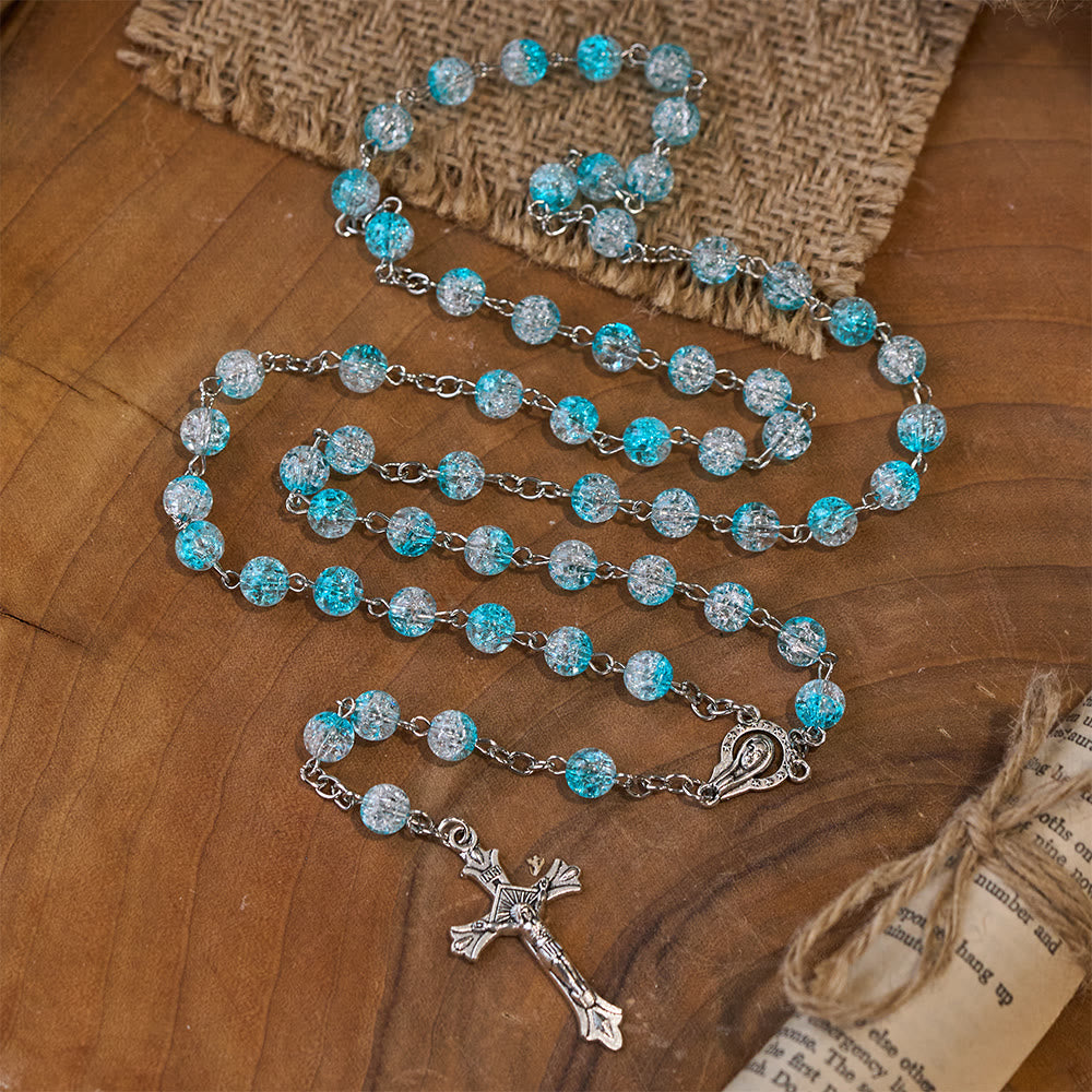 Rosario in perle di vetro blu celeste con cuore di Gesù e crocifisso - image 7