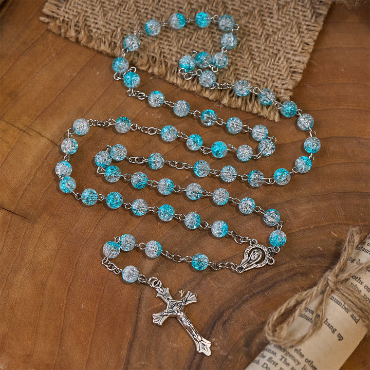 Rosario in perle di vetro blu celeste con cuore di Gesù e crocifisso - image 7