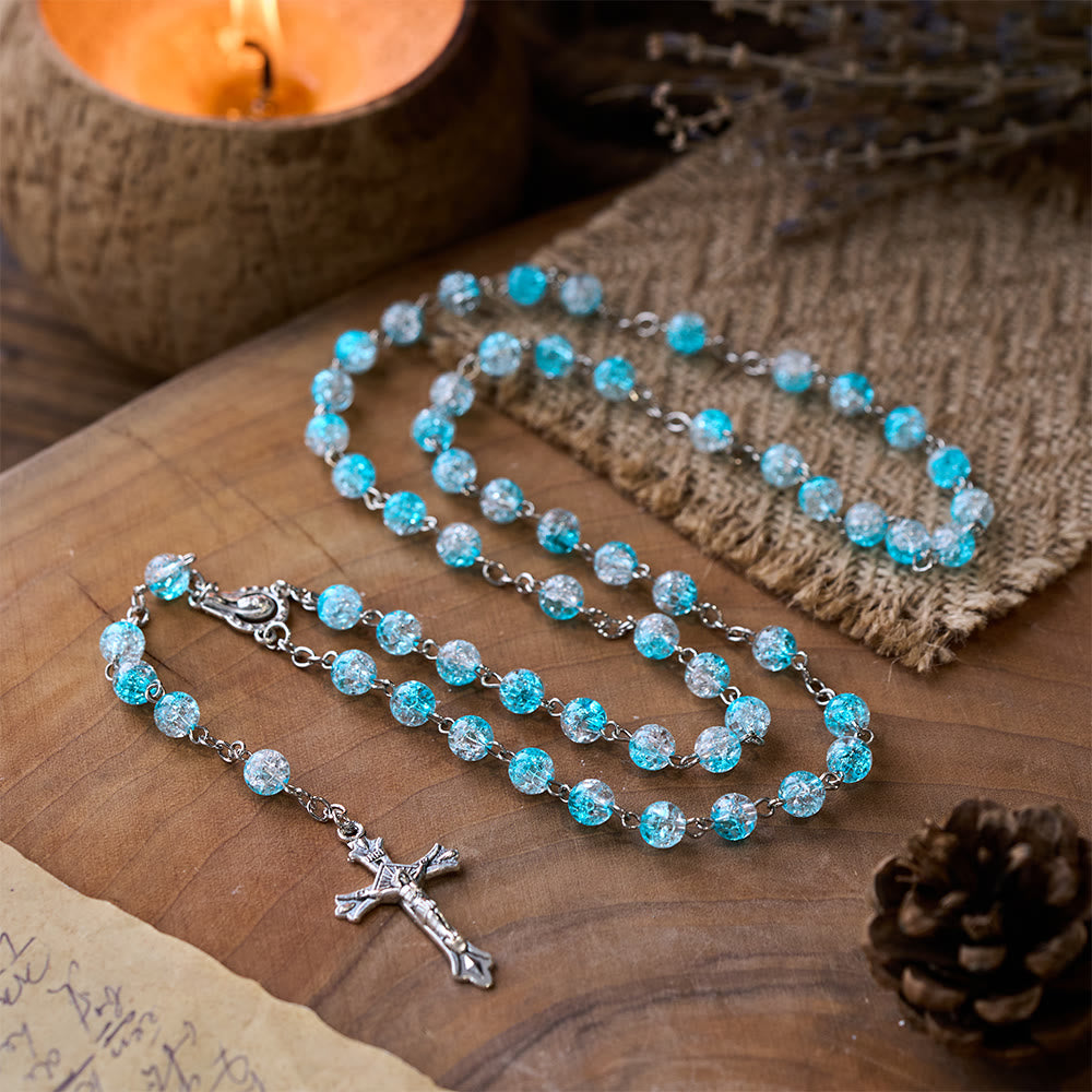Rosario in perle di vetro blu celeste con cuore di Gesù e crocifisso - image 3