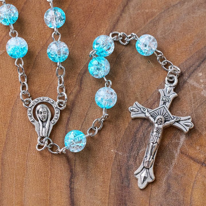 Rosario in perle di vetro blu celeste con cuore di Gesù e crocifisso - image 5