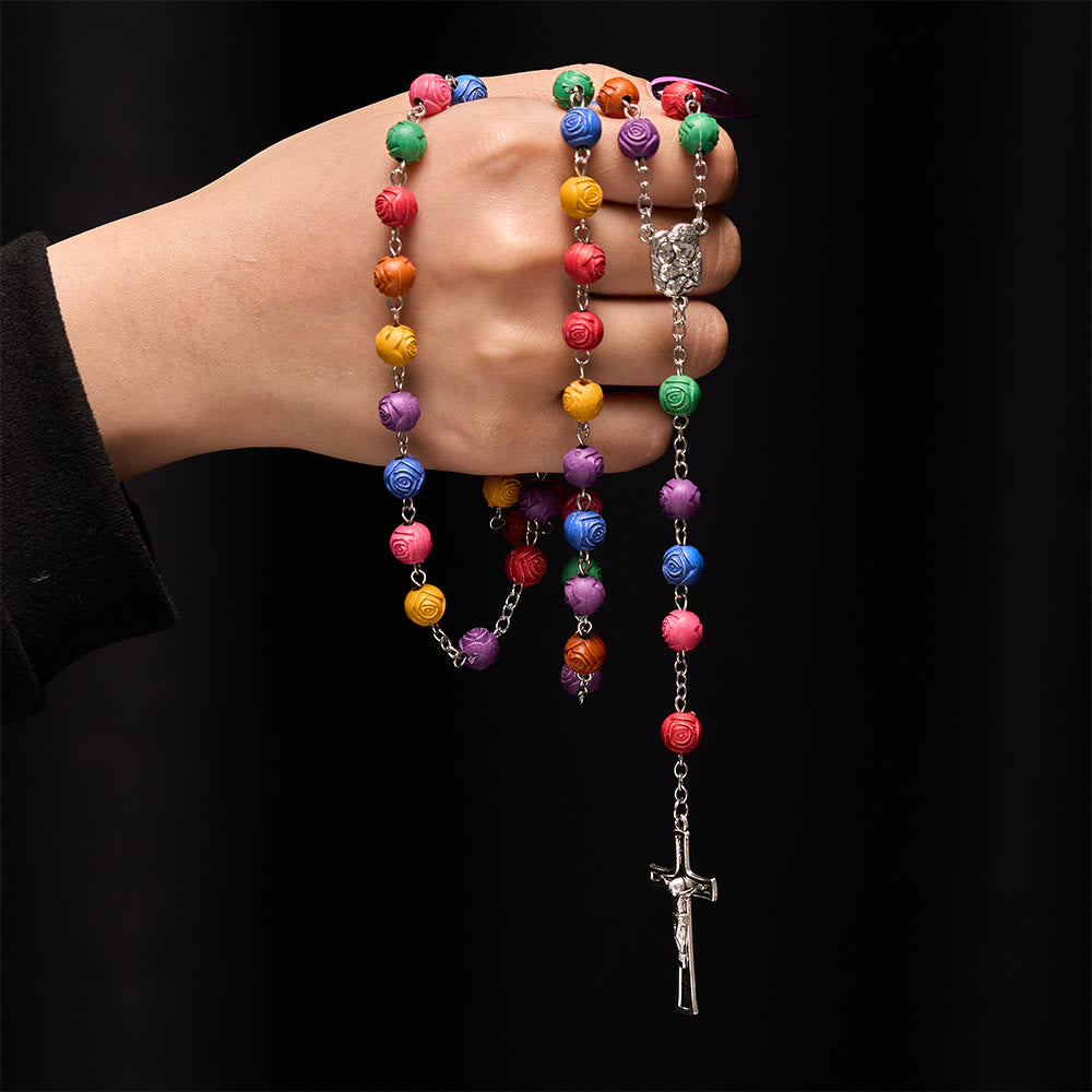 Rosario con perline color rosa della Sacra Famiglia di Gesù Croce - image 1