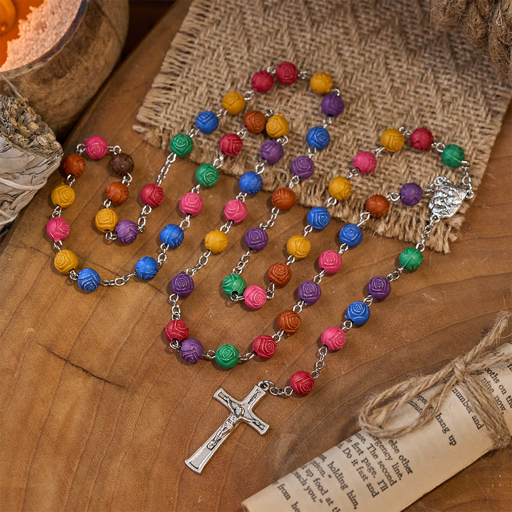 Rosario con perline color rosa della Sacra Famiglia di Gesù Croce - image 7