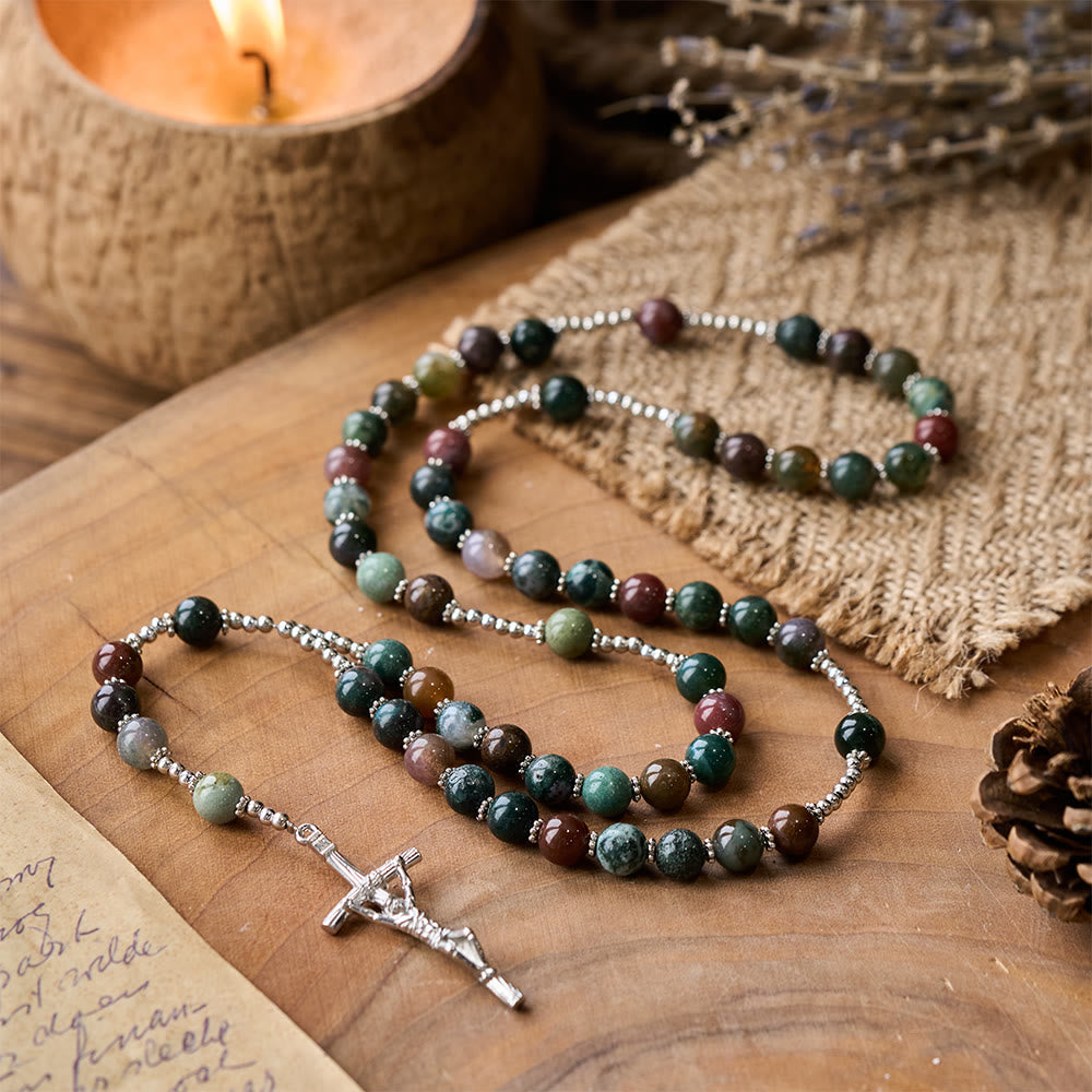 Rosario di preghiera con croce di Gesù in agata naturale di Cristo - Agata multicolore - image 0
