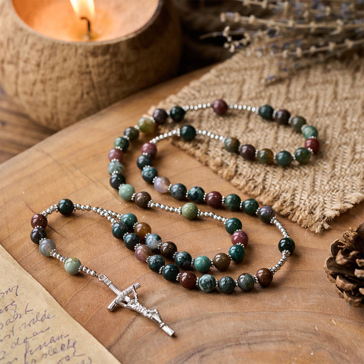 Rosario di preghiera con croce di Gesù in agata naturale di Cristo - Agata multicolore - image 0