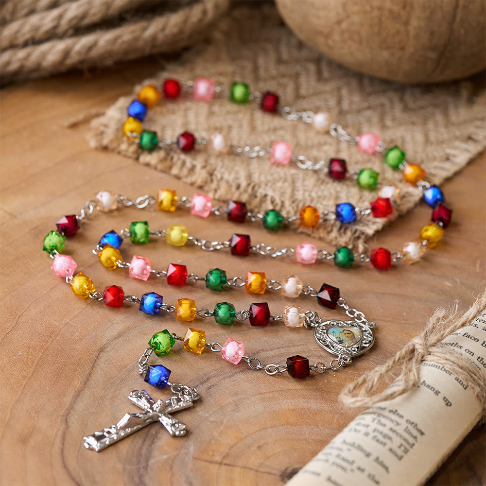 Christianartworkshop Rosario in lega acrilica multicolore con catena in poliedro da 8 mm della Madonna della Pace e Crocifisso - 🔥3 pezzi - image 0