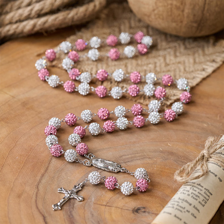 Christianartworkshop Rosario con catena in lega di argilla polimerica rosa e bianca rotonda da 10 mm della Madonna di Guadalupe e Crocifisso - image 2