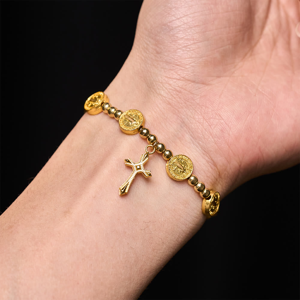 Christianartworkshop Bracciale elastico con croce di San Benedetto color oro - image 1