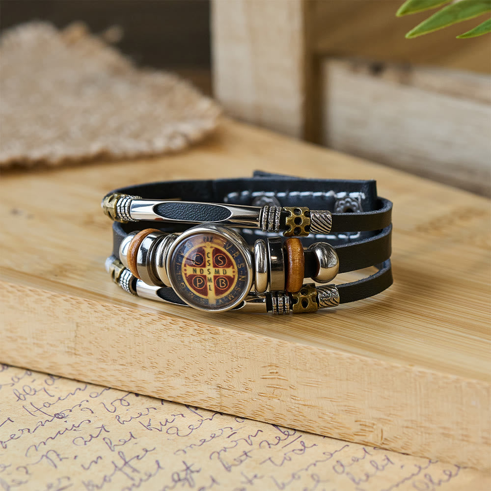 Bracciale rigido in pelle nera della collezione San Benedetto Christianartworkshop con molteplici motivi religiosi - San Benedetto -2 - image 2