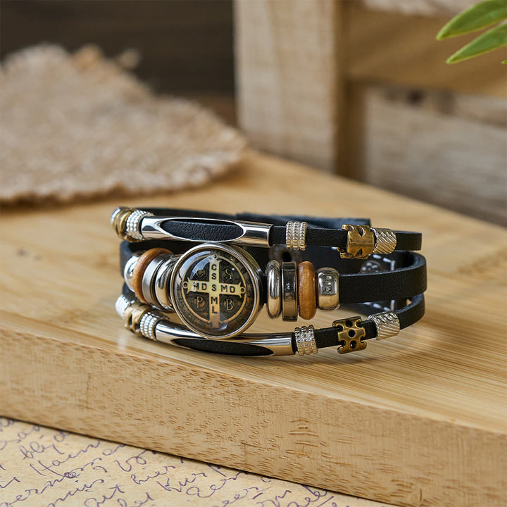 Bracciale rigido in pelle nera della collezione San Benedetto Christianartworkshop con molteplici motivi religiosi - San Benedetto -9 - image 7
