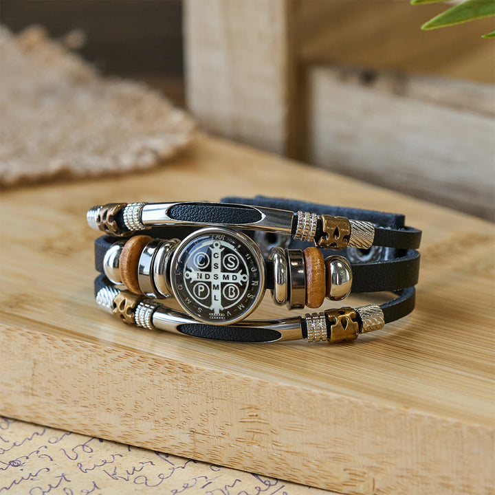 Bracciale rigido in pelle nera della collezione San Benedetto Christianartworkshop con molteplici motivi religiosi - San Benedetto -1 - image 1