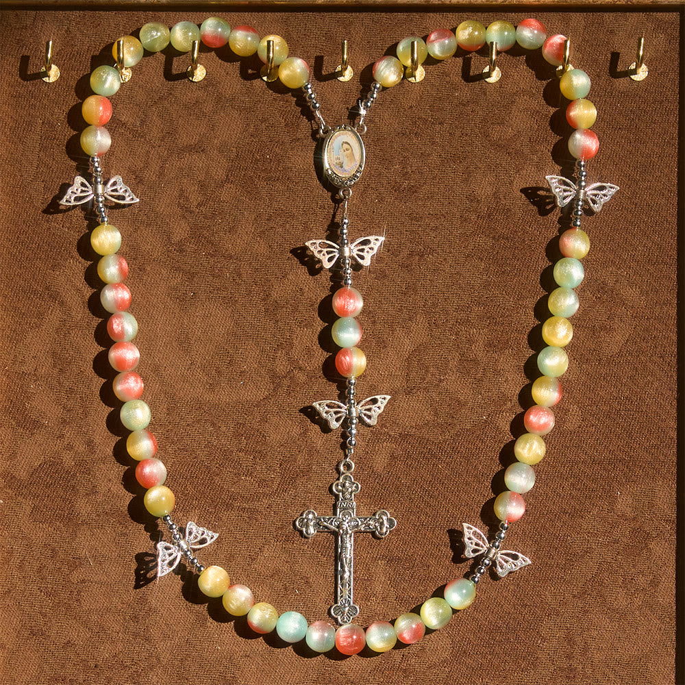 Christianartworkshop Rosario fantasy tricolore con stravaganti dettagli ad ali di farfalla e devozione alla Divina Misericordia - Divina Misericordia e Crocifisso - image 0