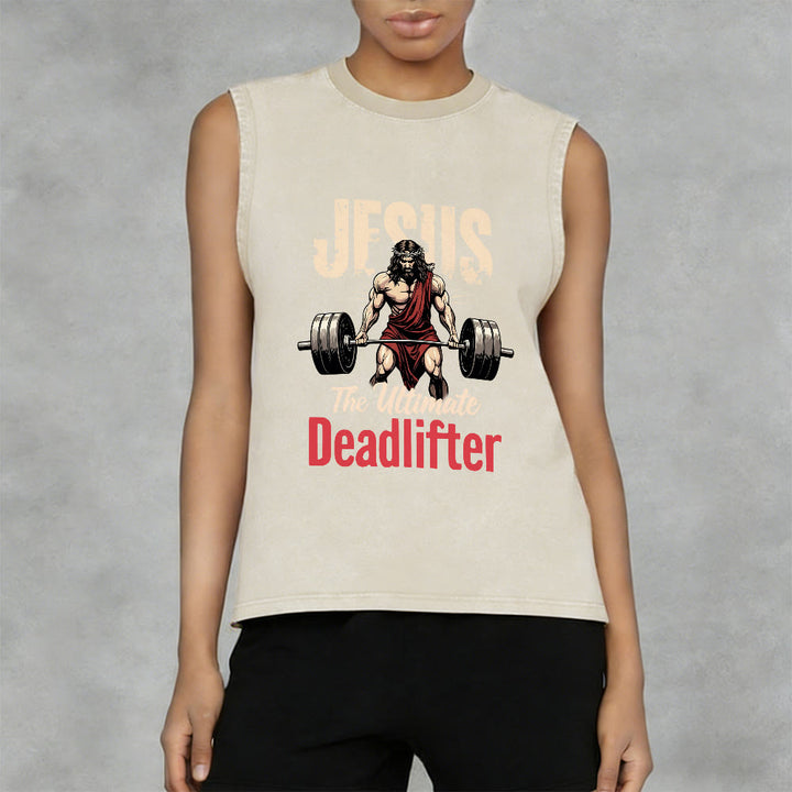 Canotta unisex lavata con stampa "Jesus The Ultimate Deadlifter" Christianartworkshop - image 6