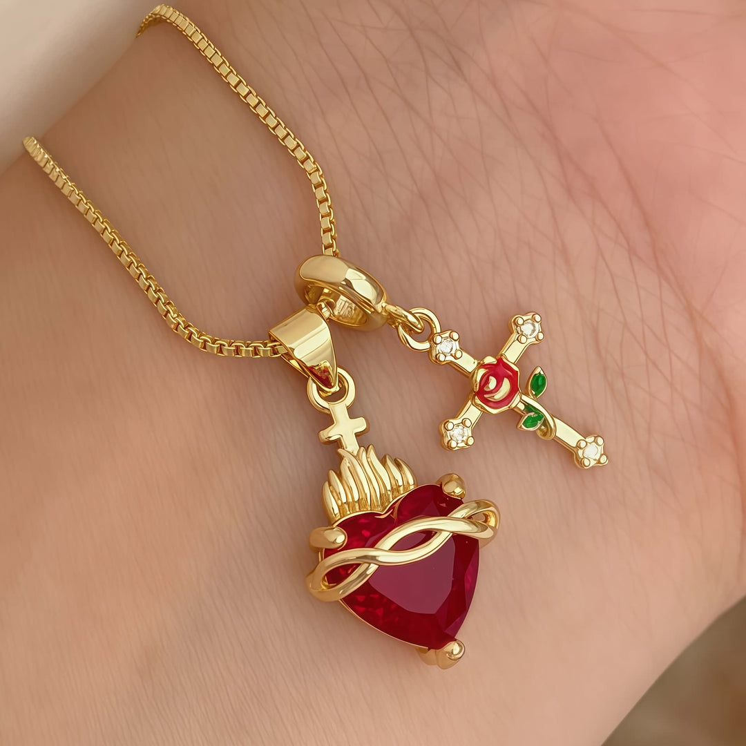 Christianartworkshop Collana con ciondolo a forma di cuore sacro e croce rosa: incarna l'amore divino e la grazia redentrice - Sacro Cuore - image 0