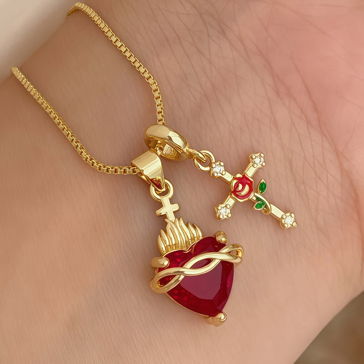 Christianartworkshop Collana con ciondolo a forma di cuore sacro e croce rosa: incarna l'amore divino e la grazia redentrice - Sacro Cuore - image 0
