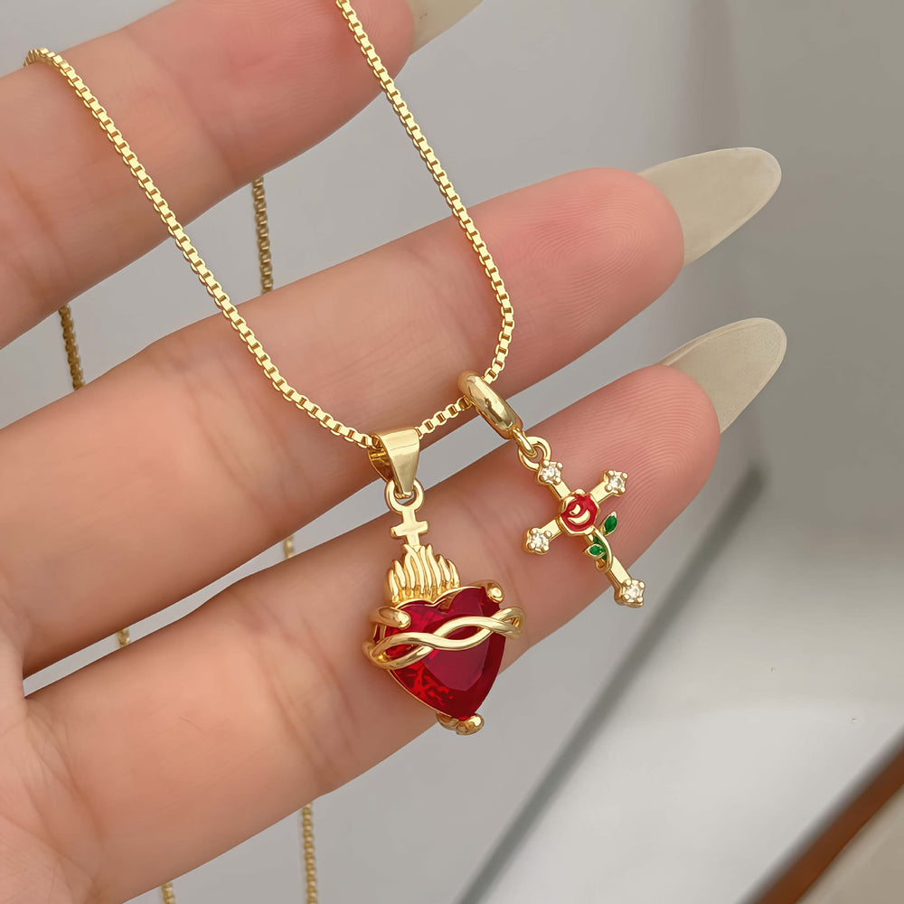 Christianartworkshop Collana con ciondolo a forma di cuore sacro e croce rosa: incarna l'amore divino e la grazia redentrice - image 1