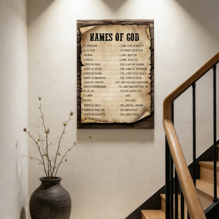 Christianartworkshop Stampa artistica su pergamena con i nomi di Dio: un simbolo della sua identità immutabile - Dipinto su tela incorniciato - 11,81''*15,75''0,71"/30*40*1,8 cm - image 0