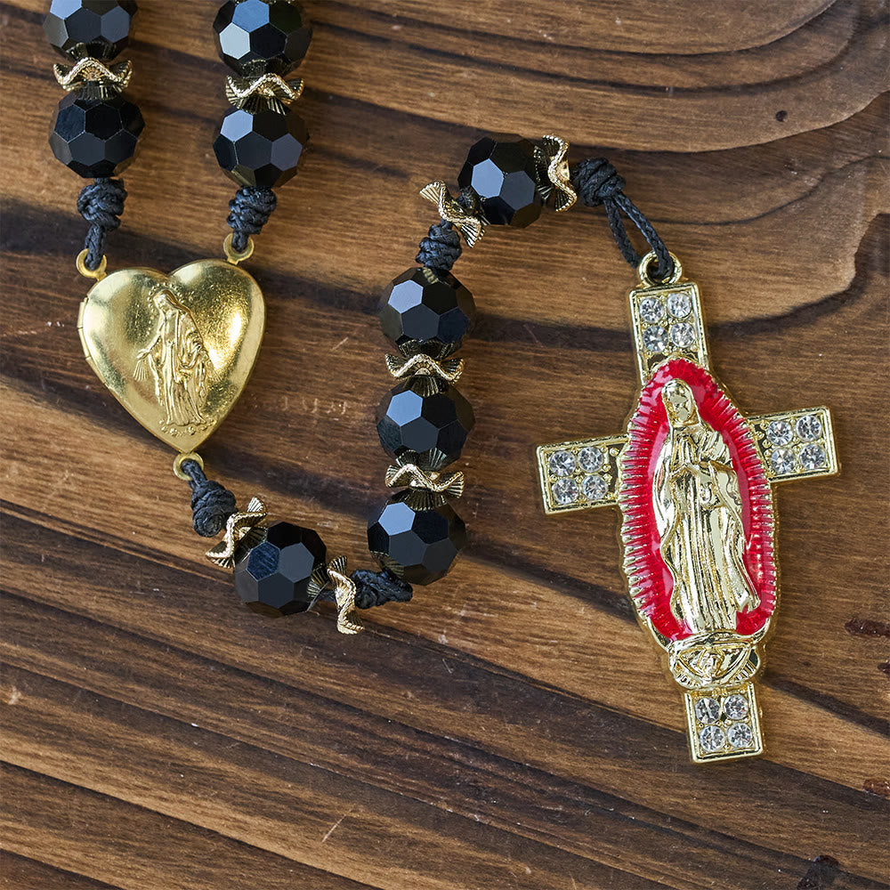 Christianartworkshop Elegante rosario in vetro sfaccettato nero con croce smaltata rossa della Madonna - image 7