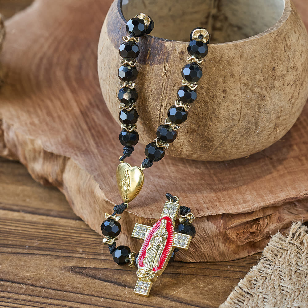 Christianartworkshop Elegante rosario in vetro sfaccettato nero con croce smaltata rossa della Madonna - image 6