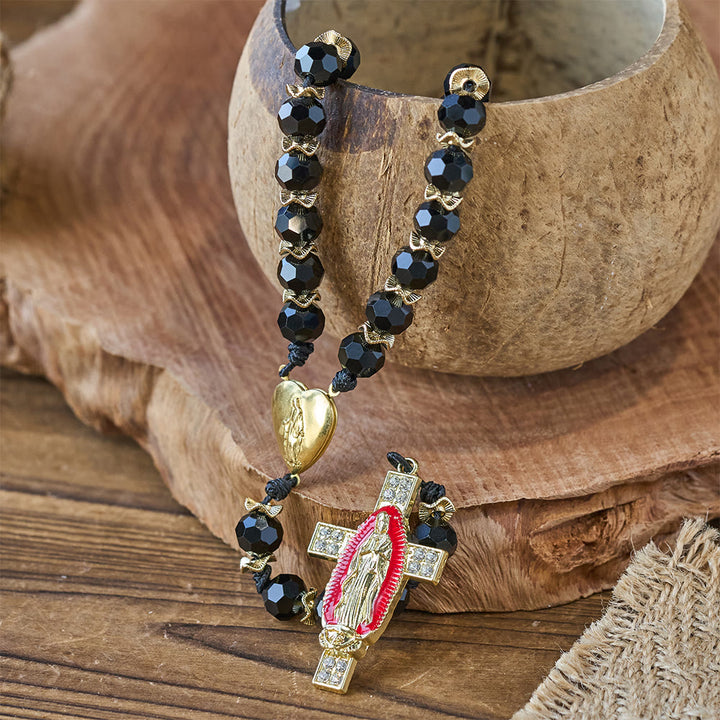 Christianartworkshop Elegante rosario in vetro sfaccettato nero con croce smaltata rossa della Madonna - image 6