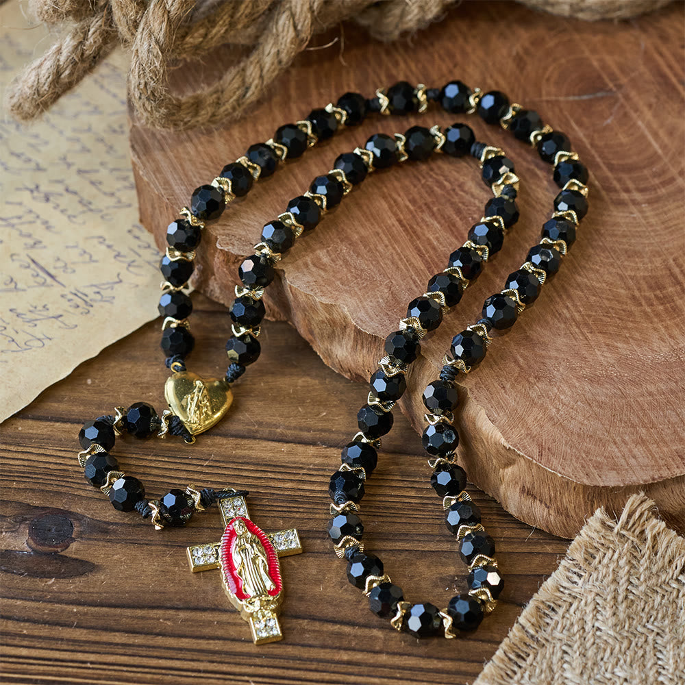 Christianartworkshop Elegante rosario in vetro sfaccettato nero con croce smaltata rossa della Madonna - Rosario della Madonna - image 0