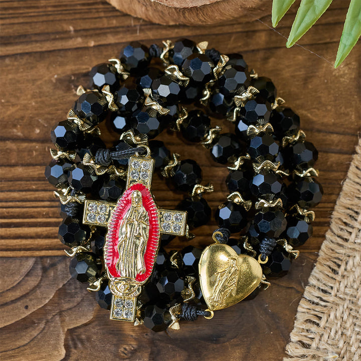 Christianartworkshop Elegante rosario in vetro sfaccettato nero con croce smaltata rossa della Madonna - image 4