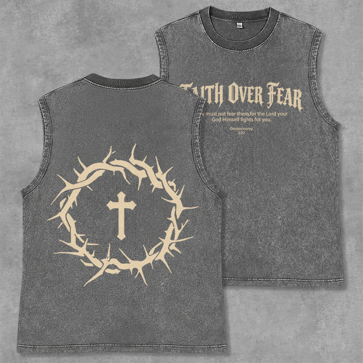 Canotta unisex lavata con scritta "Fede contro la paura" Christianartworkshop Corona di spine - Grigio - 2XL - image 0