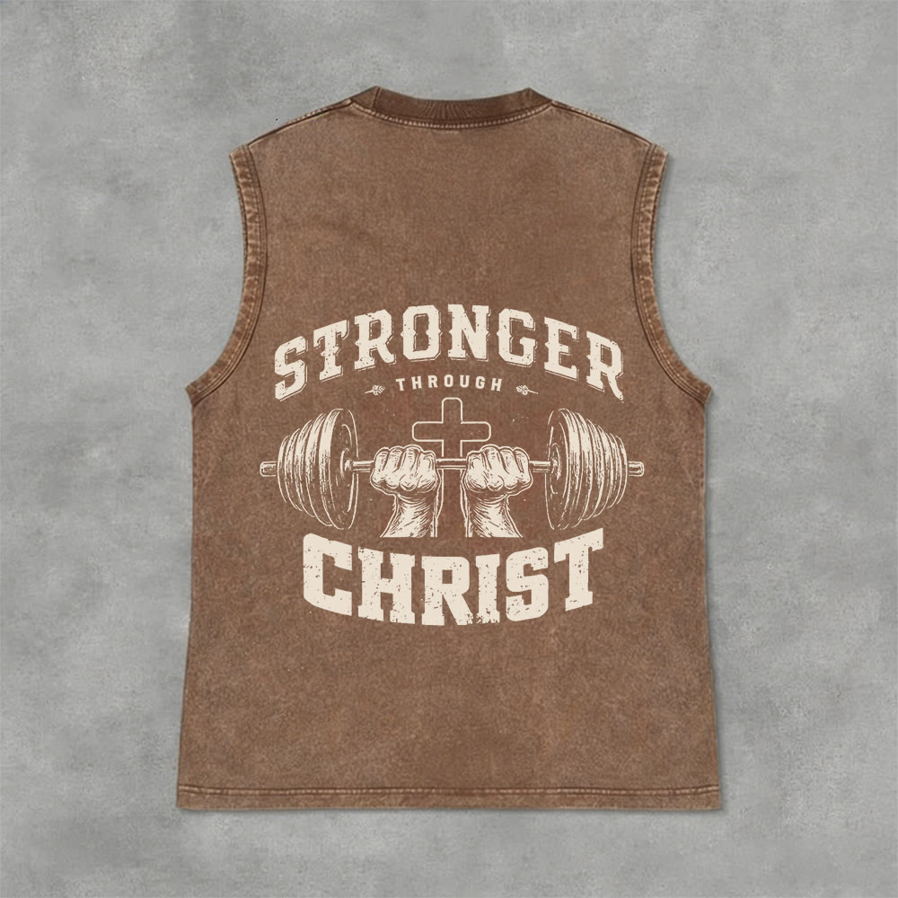 Christianartworkshop Canotta unisex lavata con croce a bilanciere "Stronger Through Christ" - Marrone - 2XL - image 3