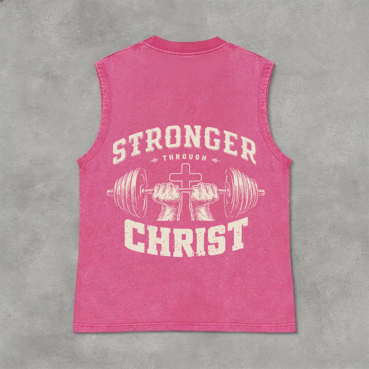 Christianartworkshop Canotta unisex lavata con croce a bilanciere "Stronger Through Christ" - Rosa - 2XL - image 12