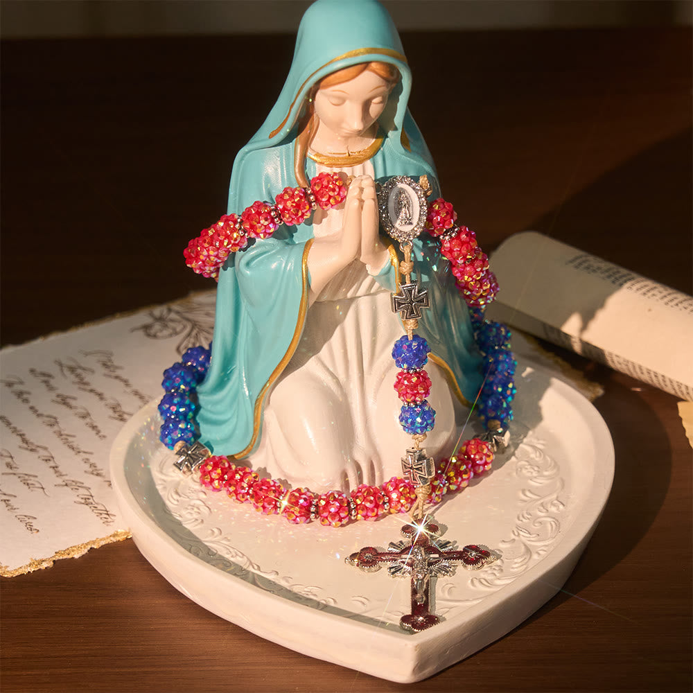 Christianartworkshop Rosario con perline di diamanti abbaglianti rossi e blu con accenti a croce maltese - image 6