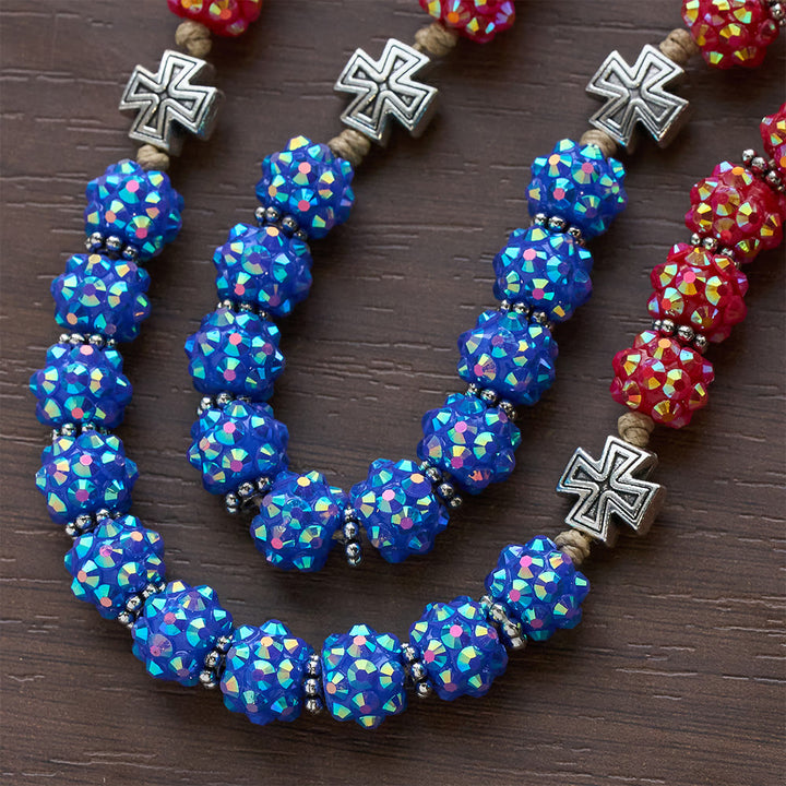 Christianartworkshop Rosario con perline di diamanti abbaglianti rossi e blu con accenti a croce maltese - image 7