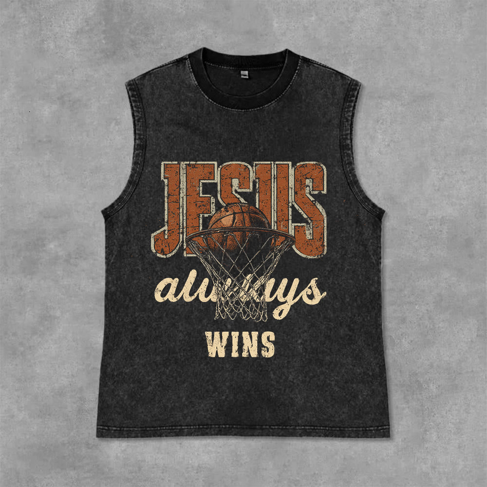 Canotta unisex lavata con stampa "Jesus Always Wins Basketball" Christianartworkshop - Nero - 2XL - image 6