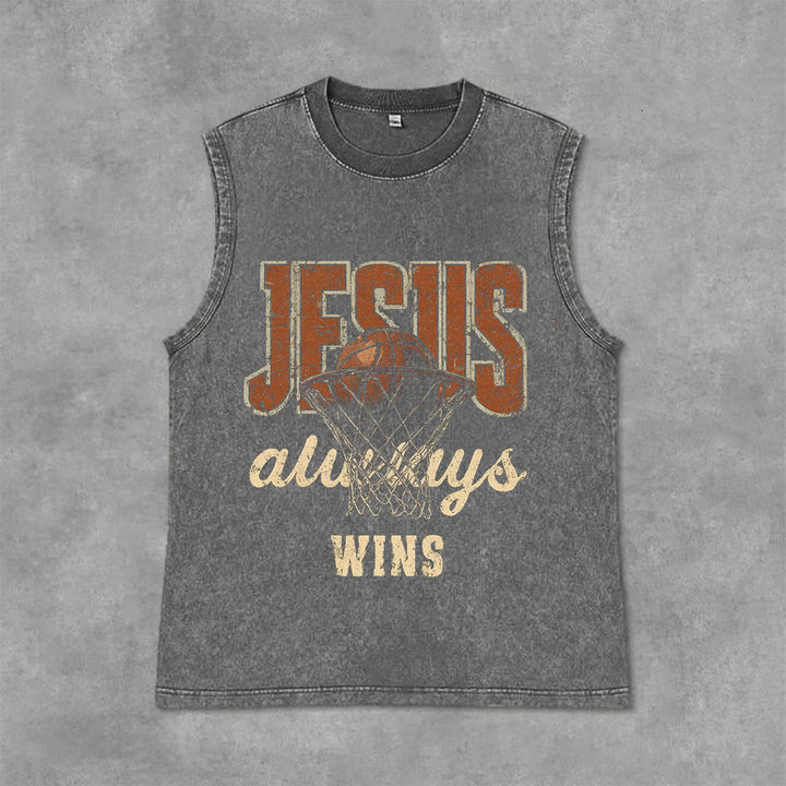 Canotta unisex lavata con stampa "Jesus Always Wins Basketball" Christianartworkshop - Grigio - 2XL - image 0