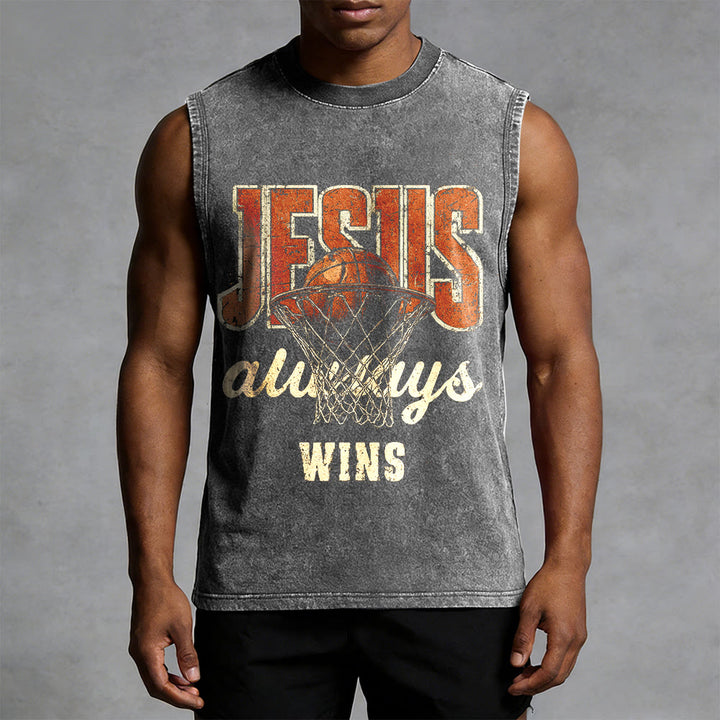 Canotta unisex lavata con stampa "Jesus Always Wins Basketball" Christianartworkshop - image 1