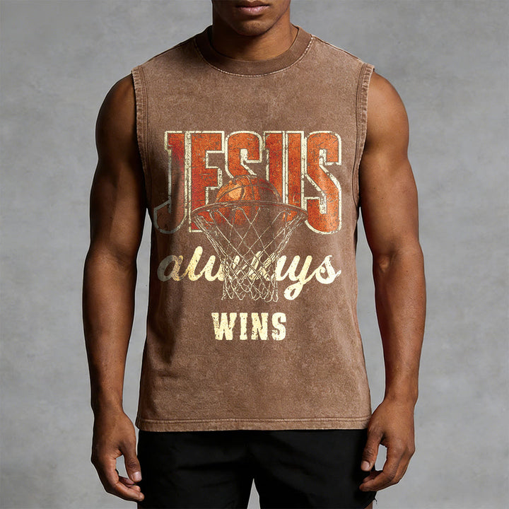 Canotta unisex lavata con stampa "Jesus Always Wins Basketball" Christianartworkshop - image 4