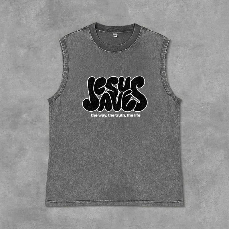 Canotta unisex lavata retrò "Jesus Saves" Christianartworkshop - Grigio - 2XL - image 6