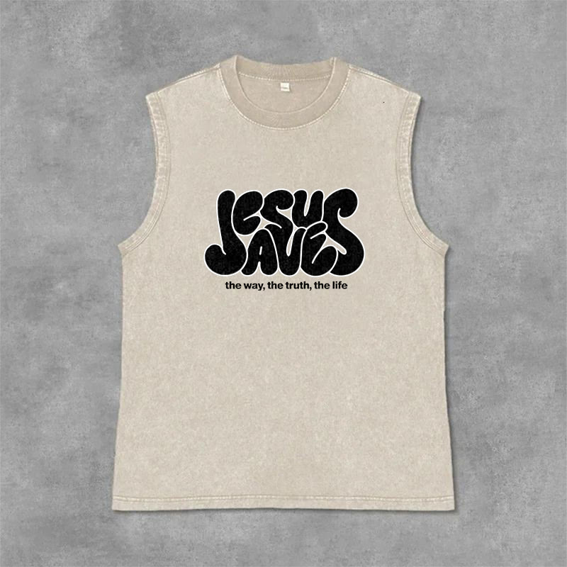 Canotta unisex lavata retrò "Jesus Saves" Christianartworkshop - Beige - 2XL - image 0
