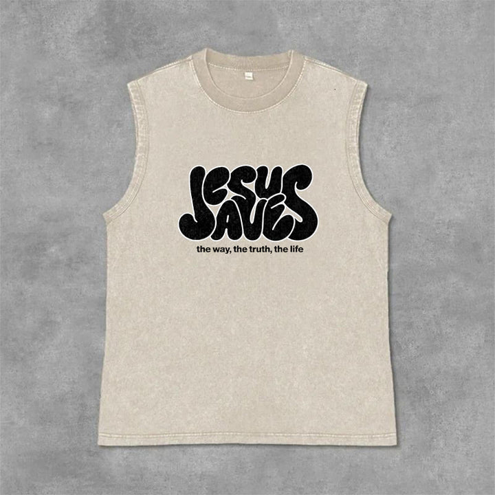 Canotta unisex lavata retrò "Jesus Saves" Christianartworkshop - Beige - 2XL - image 0