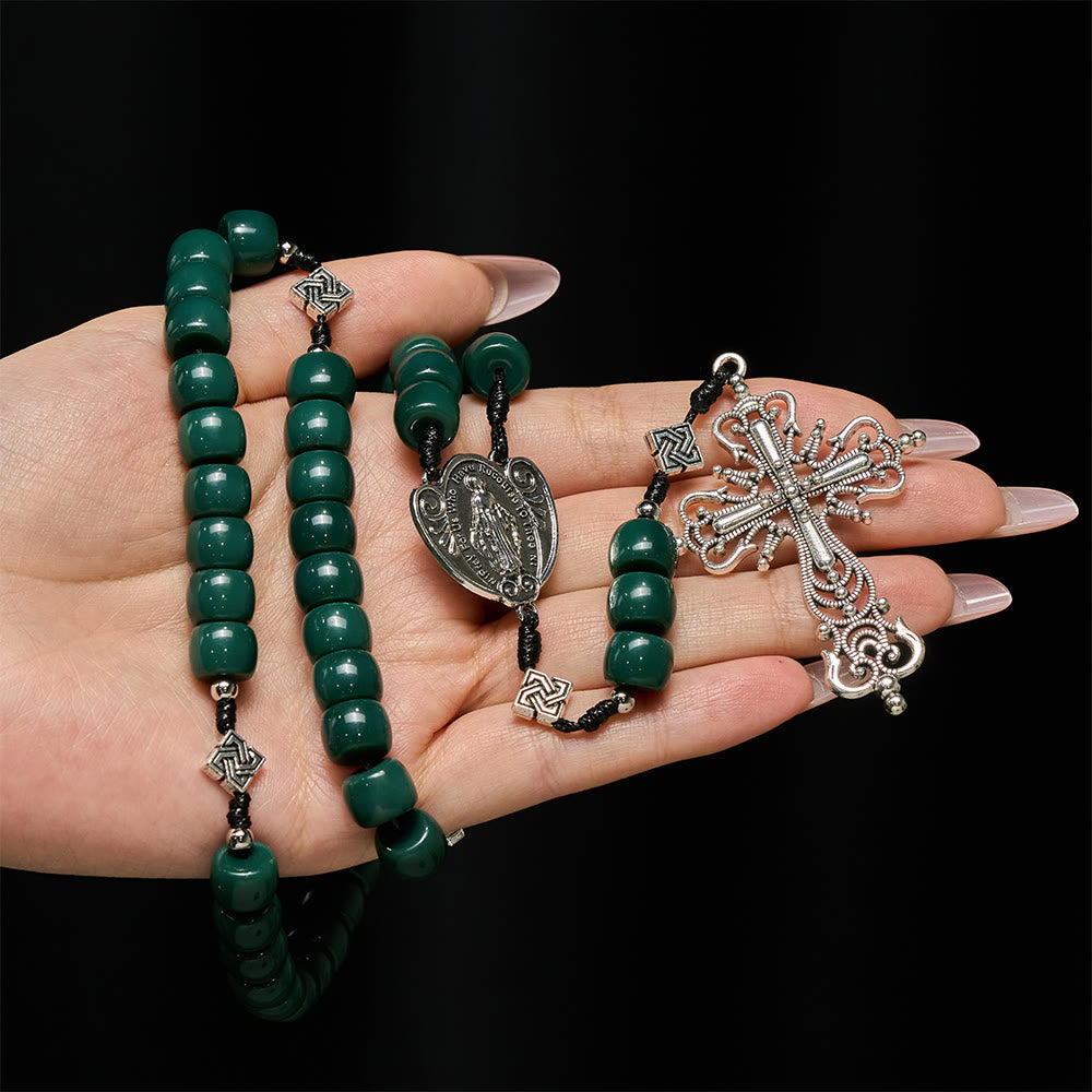 Christianartworkshop Rosario vintage con nodo celtico verde oliva e crocifisso vintage in argento - image 1