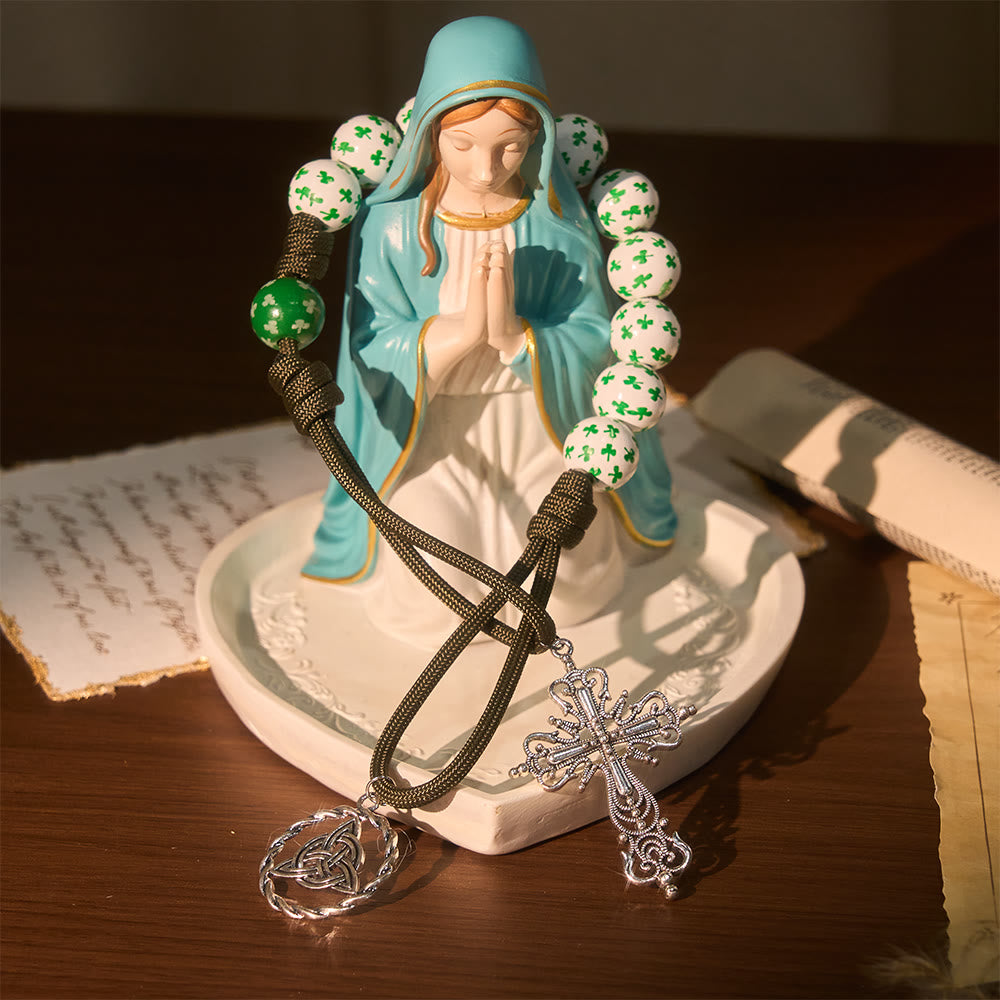 Christianartworkshop Rosario tascabile Irish Blessing Lucky Faith con nodo eterno, perline in legno bianco verde - image 6