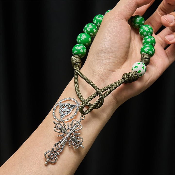 Christianartworkshop Rosario tascabile Irish Blessing Lucky Faith con nodo eterno, perline in legno bianco verde - image 2