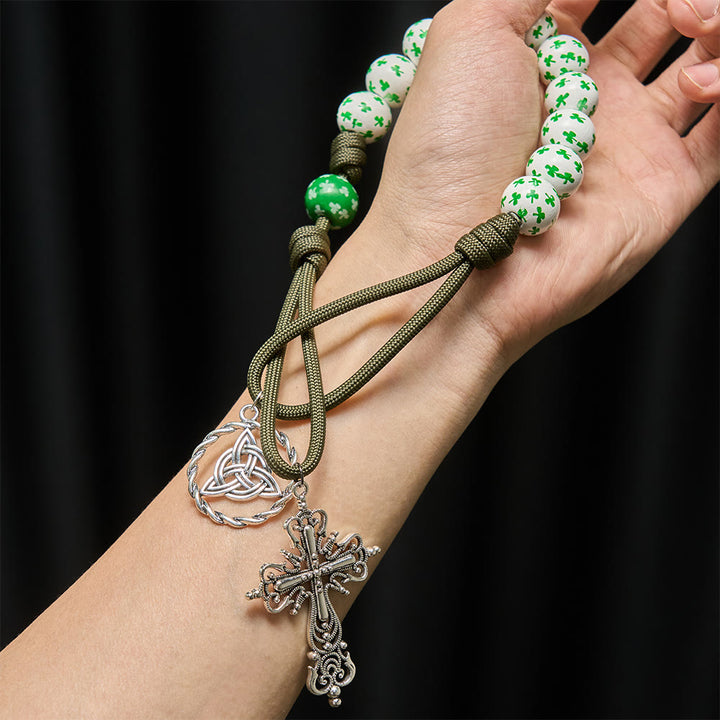 Christianartworkshop Rosario tascabile Irish Blessing Lucky Faith con nodo eterno, perline in legno bianco verde - image 1