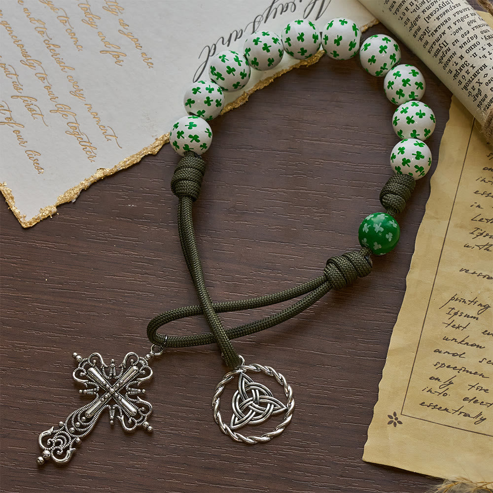Christianartworkshop Rosario tascabile Irish Blessing Lucky Faith con nodo eterno, perline in legno bianco verde - image 5