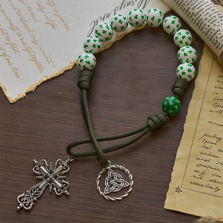 Christianartworkshop Rosario tascabile Irish Blessing Lucky Faith con nodo eterno, perline in legno bianco verde - image 5
