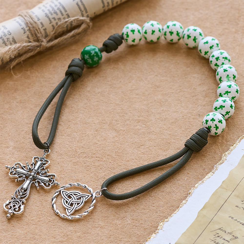 Christianartworkshop Rosario tascabile Irish Blessing Lucky Faith con nodo eterno, perline in legno bianco verde - Bianco - image 3
