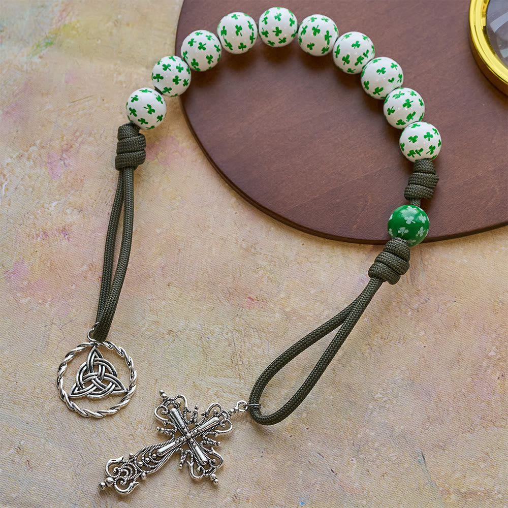 Christianartworkshop Rosario tascabile Irish Blessing Lucky Faith con nodo eterno, perline in legno bianco verde - image 4