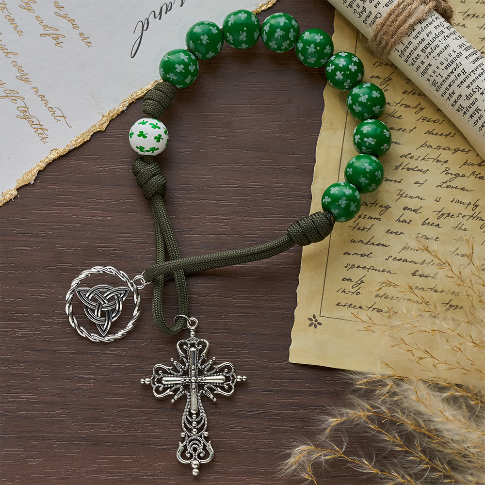 Christianartworkshop Rosario tascabile Irish Blessing Lucky Faith con nodo eterno, perline in legno bianco verde - image 10