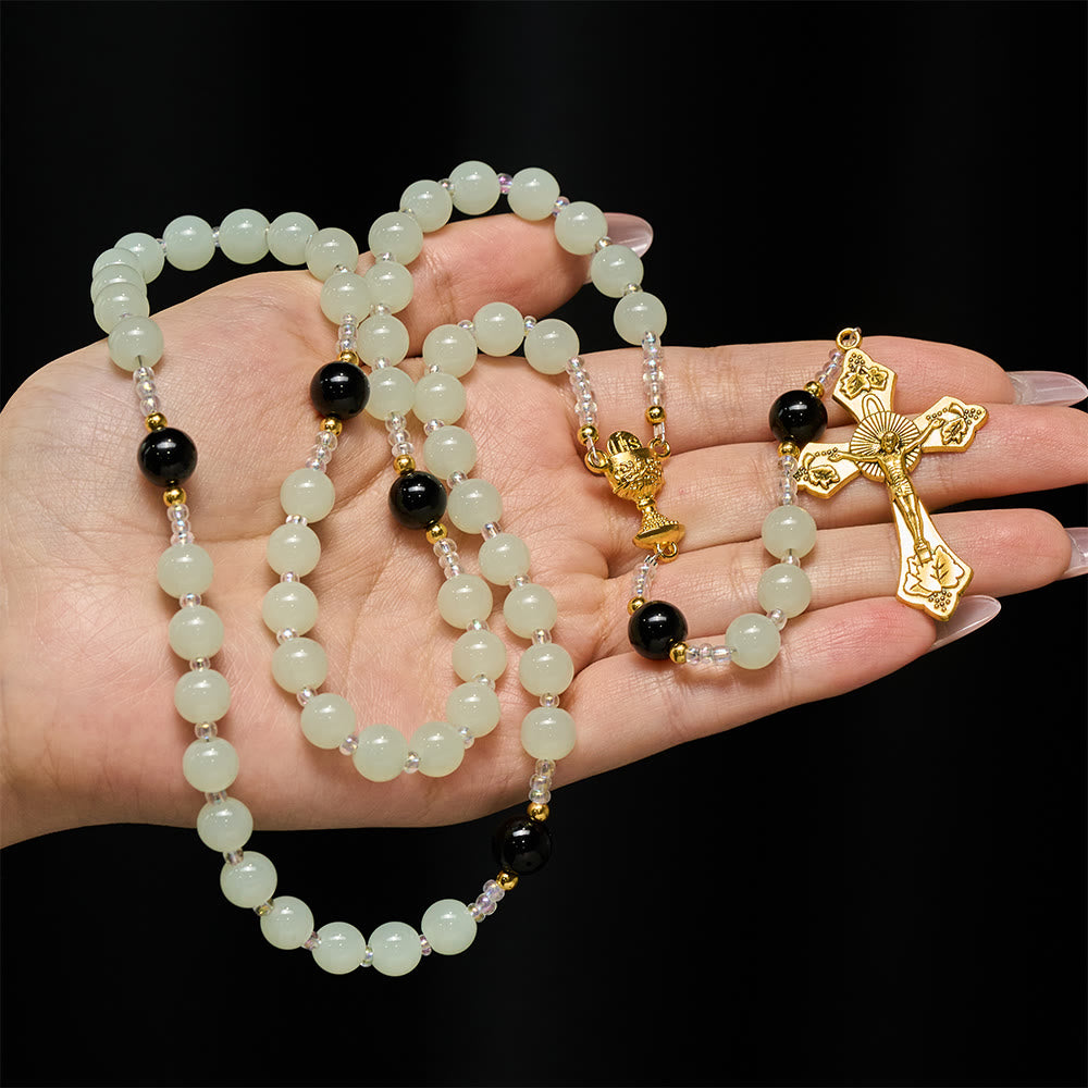 Christianartworkshop Elegante rosario in ossidiana verde e nera con calice sacro dorato - Santo Calice e Crocifisso - image 0