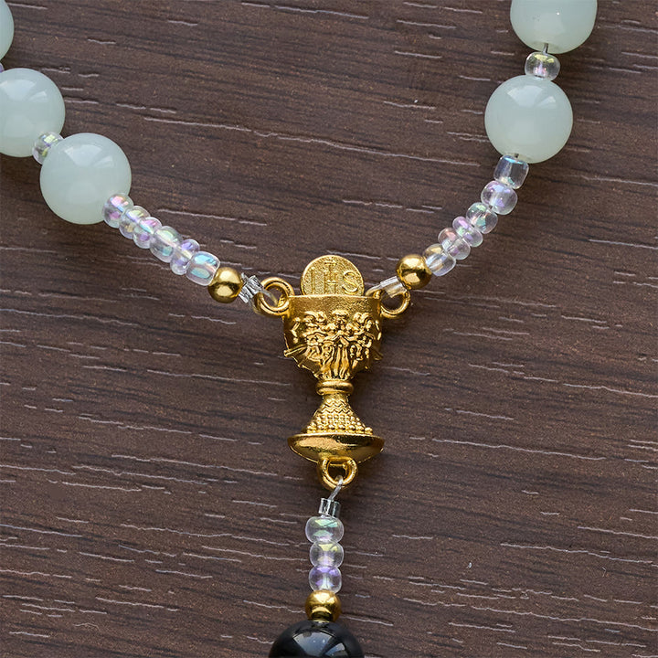 Christianartworkshop Elegante rosario in ossidiana verde e nera con calice sacro dorato - image 8