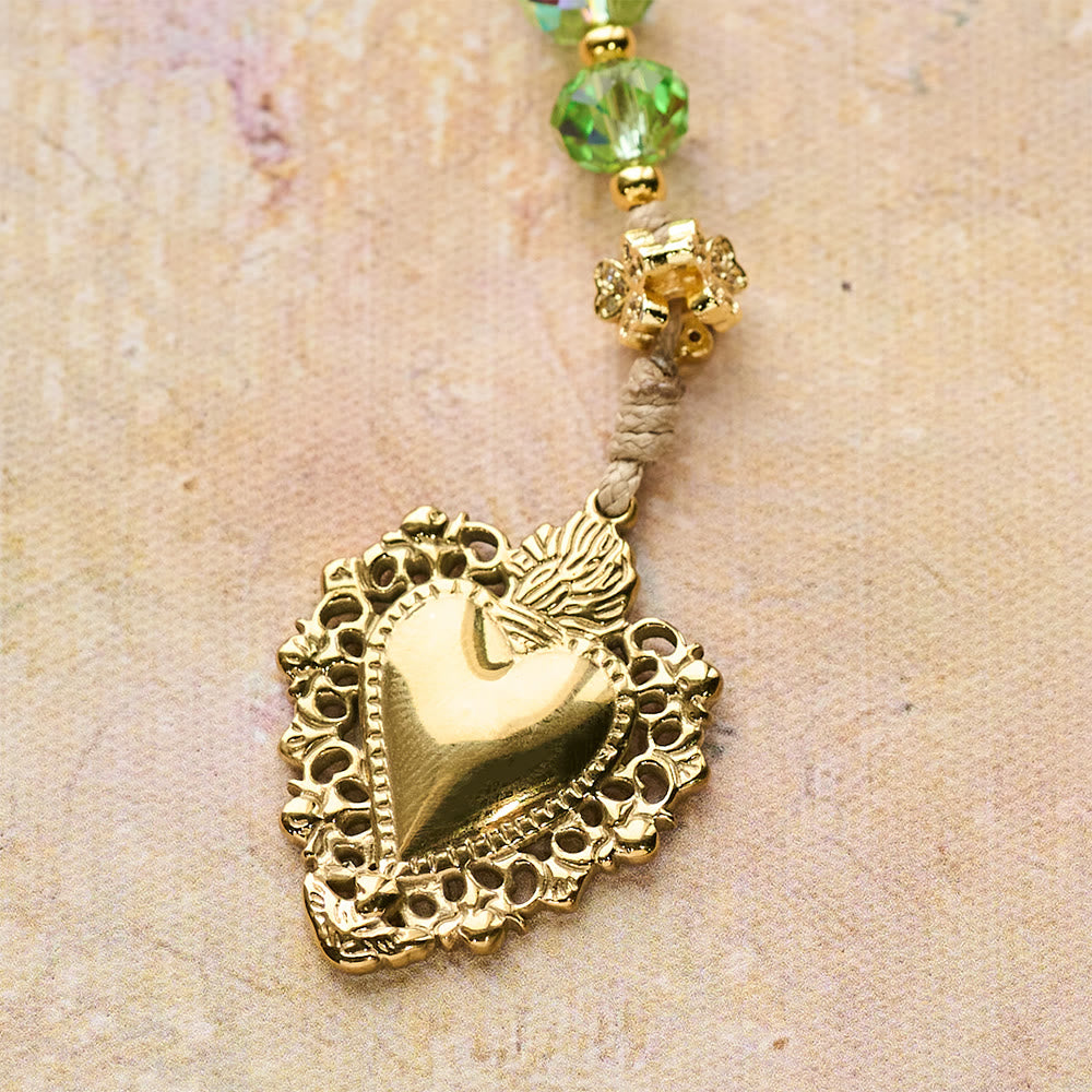 Christianartworkshop Rosario del quadrifoglio fortunato e del Sacro Cuore con perline verdi iridescenti e medaglia del Sacro Cuore - image 8