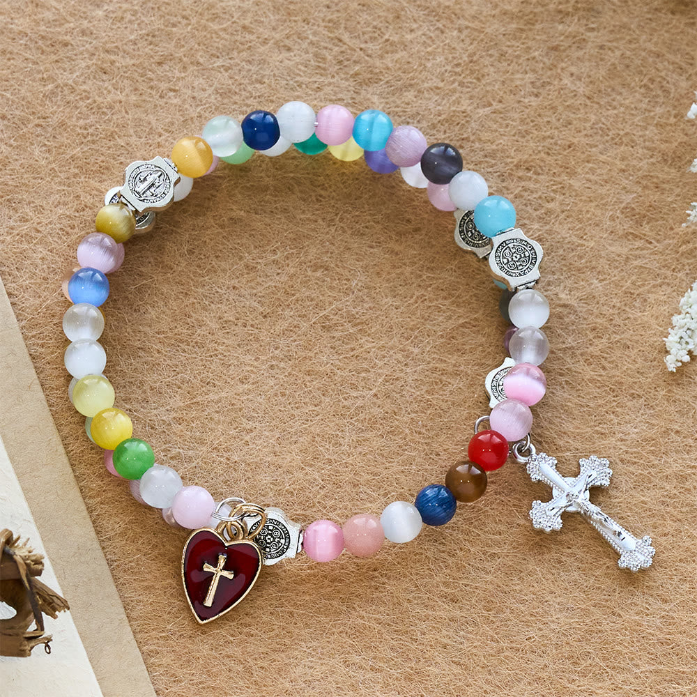 Christianartworkshop Bracciale rosario in filo di memoria multicolore Cat's Eye da 6 mm con dettagli di San Benedetto - Circonferenza del polso: 7,08"-9,06''/18-23 cm - image 0